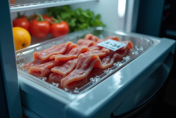 Barquette de lardons crus dans le bac d'un réfrigérateur avec une étiquette de date de péremption bien visible