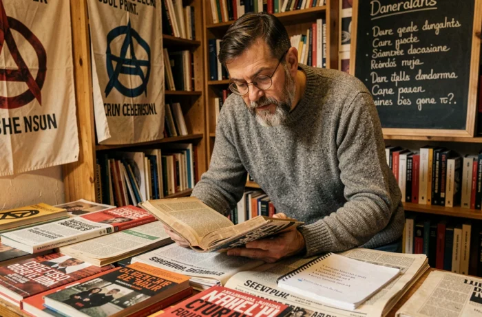 Homme anarchiste lisant dans une librairie militante indépendante avec livres et affiches politiques en arrière-plan