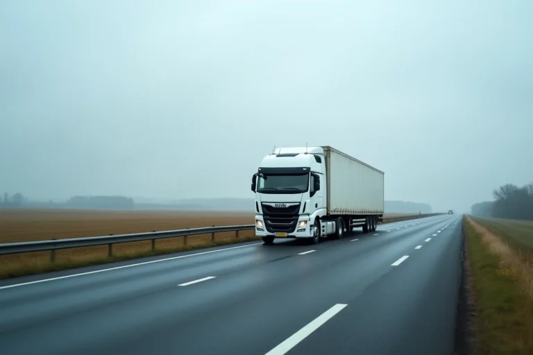 Camion semi-remorque de grande longueur stationné sur une route nationale française illustrant la réglementation sur la longueur maximale des remorques