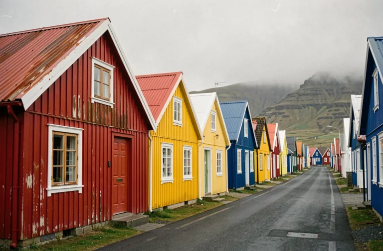 Rangée de maisons islandaises aux façades colorées en métal ondulé rouge, jaune et bleu à Reykjavik sous un ciel nuageux