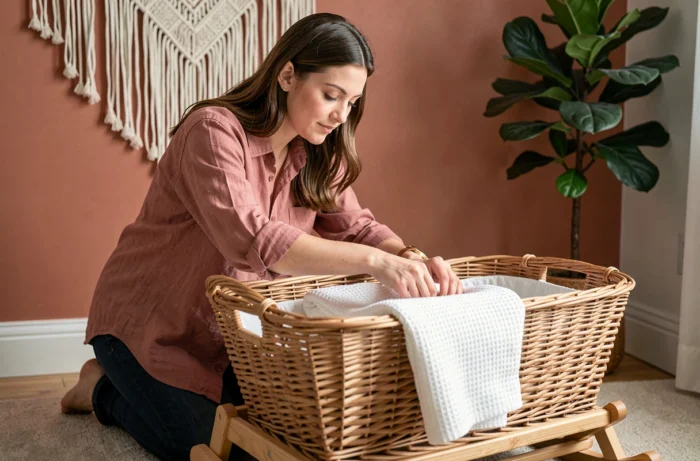 Jeune maman préparant un couffin en osier dans une chambre de bébé au style bohème avec mur en terracotta et plante verte