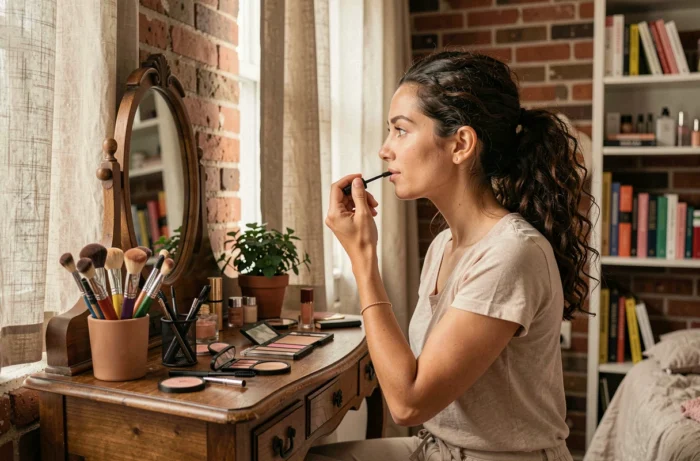 Jeune femme aux cheveux bouclés appliquant du mascara à sa coiffeuse en bois avec des pinceaux de maquillage éparpillés