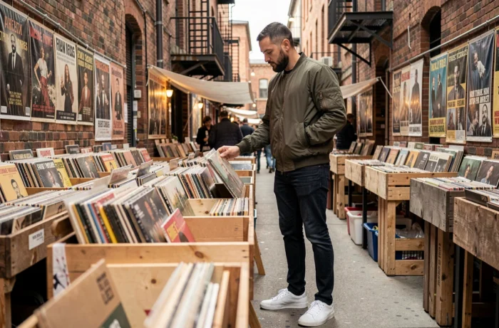 Homme en veste bomber feuilletant des vinyles dans un marché urbain en plein air