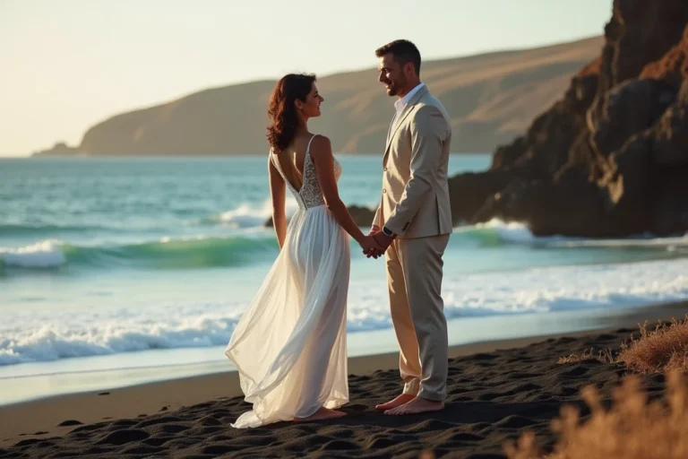 Couple de mariés sur une plage de sable noir volcanique au Cap-Vert avec l'océan Atlantique en arrière-plan