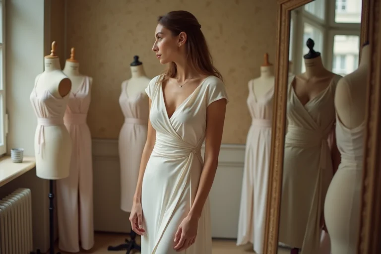 Femme mesurant 1m70 dans un atelier de couture parisien portant une robe ajustée qui met en valeur ses mensurations idéales