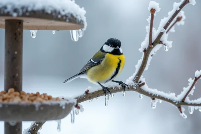 Mésange charbonnière sur une branche givrée en hiver près d'une mangeoire en pierre, symbole de résilience et de message spirituel