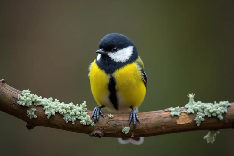 Mésange charbonnière perchée sur une branche en bois avec lichen, symbolisant la spiritualité et la connexion à la nature