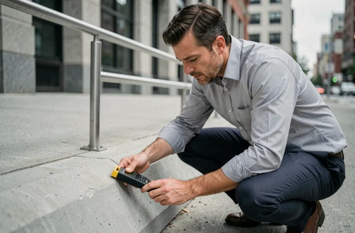 Ingénieur mesurant l'angle d'inclinaison d'une rampe en béton avec un inclinomètre numérique sur un chantier urbain