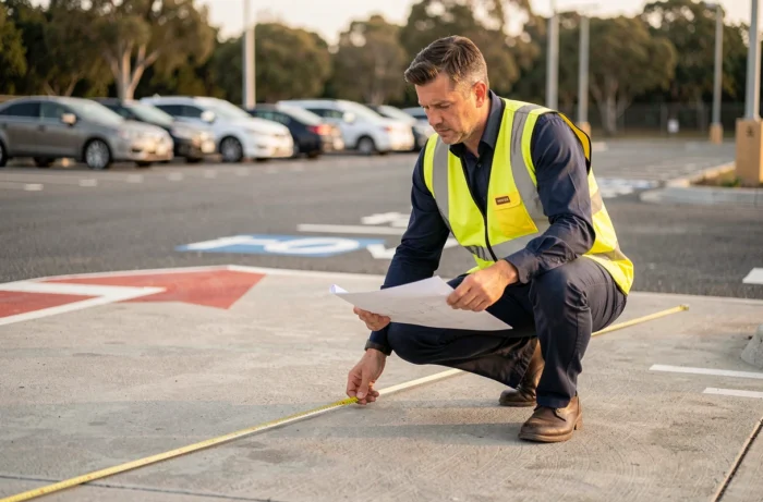 Ingénieur mesurant les dimensions d'une aire de retournement dans un parking avec plan technique