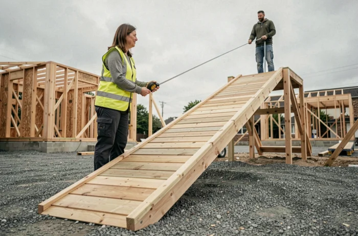 Technicienne mesurant la longueur d'une rampe d'accès en bois sur un chantier de construction avec un mètre ruban