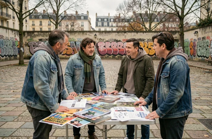 Militants anarchistes autour d'une table de documentation dans une place publique urbaine en France à l'automne