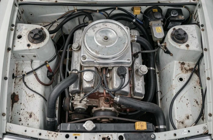 Moteur quatre cylindres twin-cam de la Peugeot 305 GTI 16 vu de dessus, détails mécaniques authentiques et patine d'origine