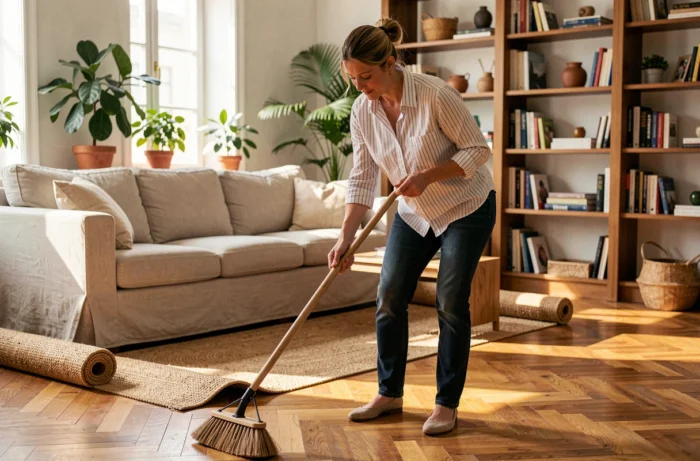 Femme balayant le parquet d'un salon lumineux, entretien des sols et rangement de la maison au quotidien