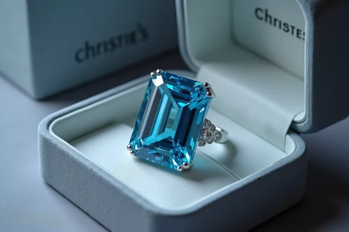 Oppenheimer Blue, bague avec diamant bleu fancy vivid taille émeraude dans un plateau de présentation Christie's en velours gris