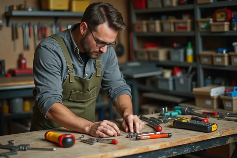 Homme adulte organisant ses outils de bricolage sur un établi en bois dans un atelier maison authentique