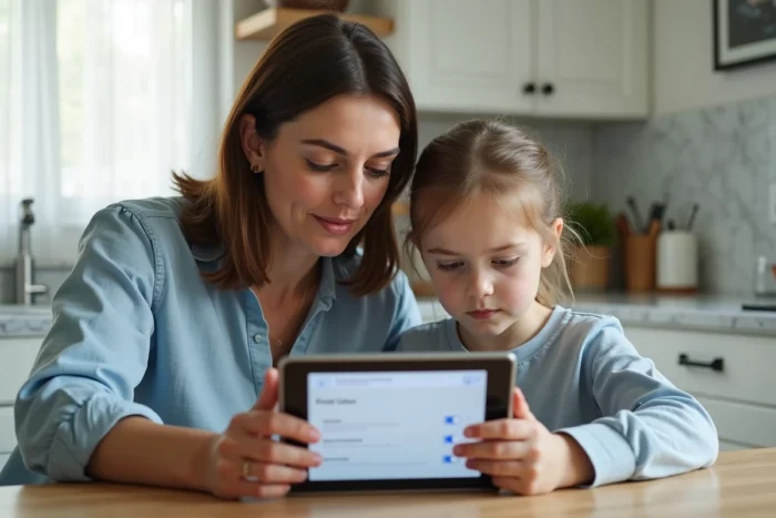 Mère et fille consultant ensemble les paramètres Family Link sur une tablette dans la cuisine