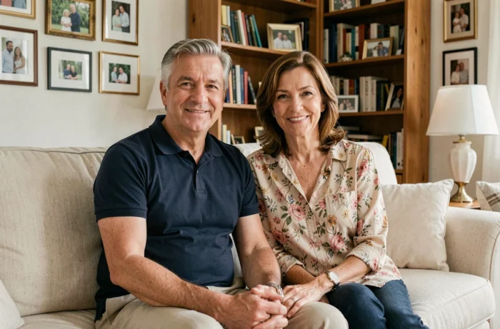 Parents de Kelly Vedovelli assis dans leur salon, représentant une famille française ordinaire fière de sa fille