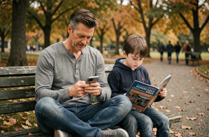 Père et fils dans un parc en automne consultant ensemble magazines et actualités numériques pour rester informés