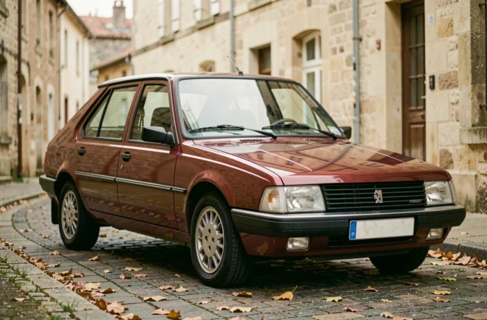 Peugeot 305 GTI 16 bordeaux métallisé garée sur un pavé de village français en automne, vue trois quarts avant