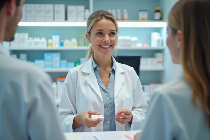 Pharmacienne en blouse blanche expliquant les effets secondaires d'un médicament hormonal à un patient