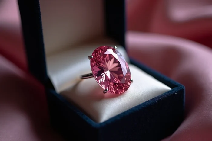 Pink Star, bague avec diamant rose ovale intense en platine présentée dans un écrin en velours noir