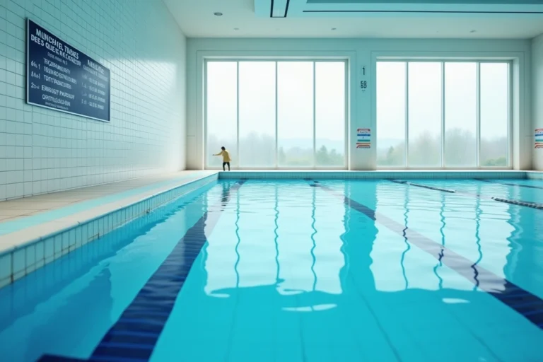 Vue grand angle de la piscine Jules Verne de Nantes avec les couloirs de natation et le tableau des horaires affiché au mur