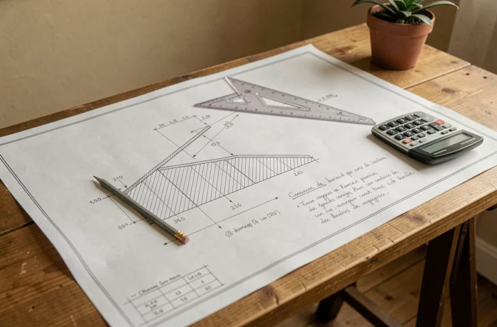 Plan architectural de calcul de pente en degrés pour rampe d'accès posé sur une table à dessin avec règle et calculatrice
