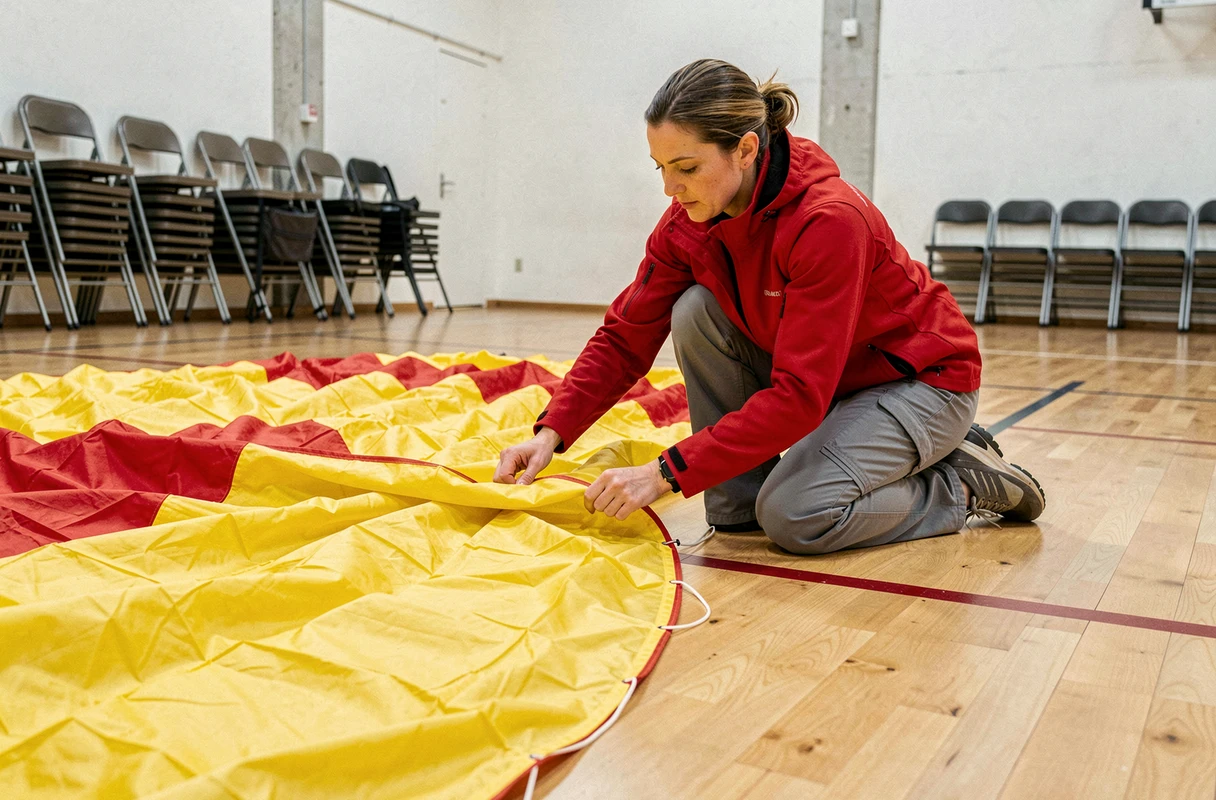 Pilote de parapente féminine pliant méthodiquement un parachute de secours coloré sur le sol d'un gymnase lors d'un stage de pliage