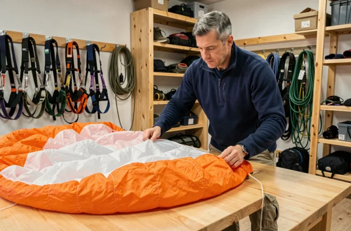 Instructeur de parapente dépliant soigneusement un parachute de secours orange sur une table dans un atelier de matériel spécialisé