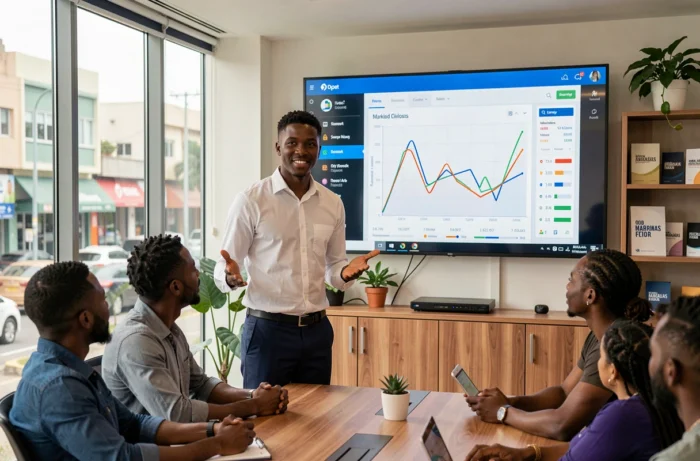 Jeune entrepreneur ivoirien présentant des tendances économiques sur écran lors d'une réunion de startup à Abidjan