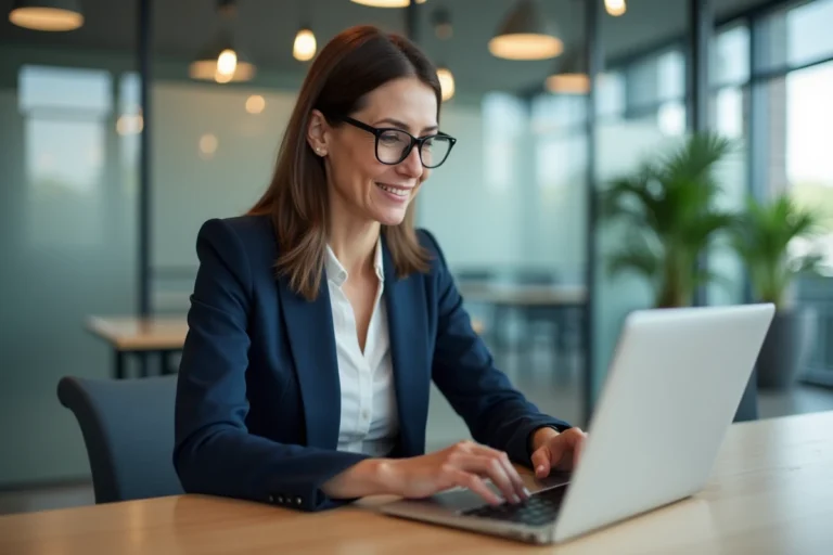Professionnelle utilisant un logiciel de prise de rendez-vous en ligne sur son ordinateur portable dans un bureau moderne