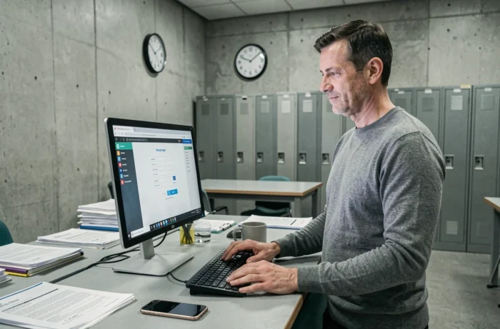 Professeur masculin connecté au webmail académique de Nantes sur un ordinateur de bureau dans une salle des professeurs moderne