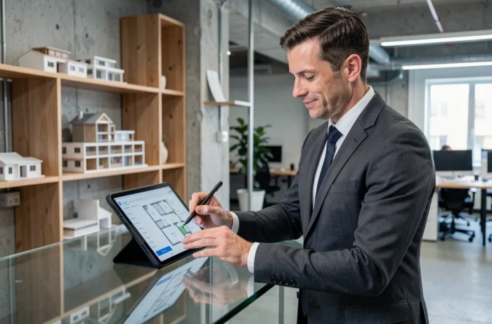 Professionnel de l'immobilier utilisant une tablette numérique pour simplifier une transaction avec un outil innovant