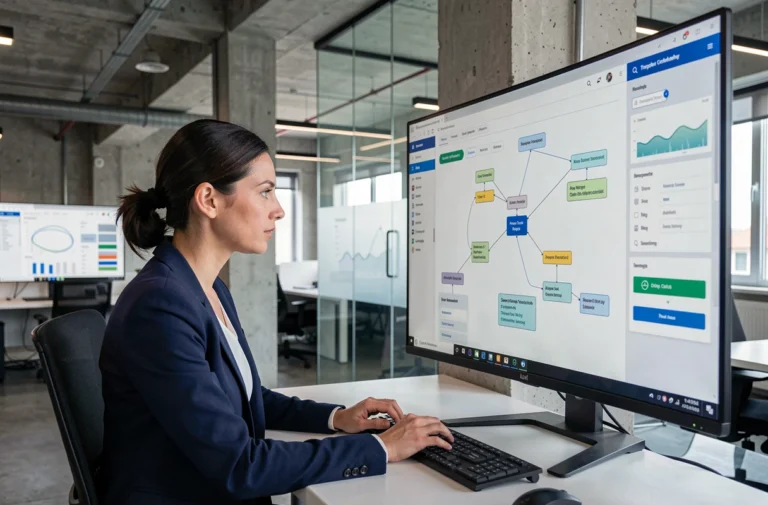 Professionnelle en blazer marine analysant la structure de navigation d'un site B2B sur un écran d'ordinateur dans un bureau moderne