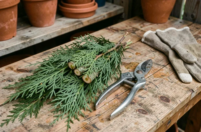 Gros plan sur des rameaux de thuya fraîchement taillés et un sécateur posé sur un établi en bois de jardin