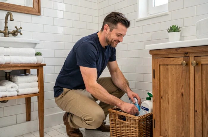 Homme organisant les produits ménagers dans la salle de bain, rangement et entretien de la maison