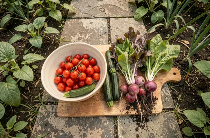 Récolte de légumes bio frais dans des bols en céramique posés dans un potager maison avec tomates cerises, courgettes et radis