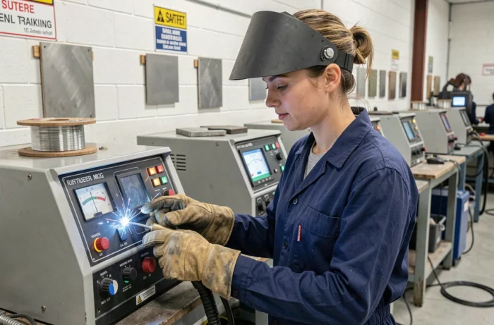 Apprenante réglant un poste à souder MIG aluminium dans un centre de formation professionnelle