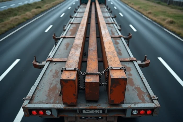 Vue en plongée d'une remorque plateau de grande longueur transportant des poutrelles métalliques sur une autoroute française illustrant les limites légales de dimension