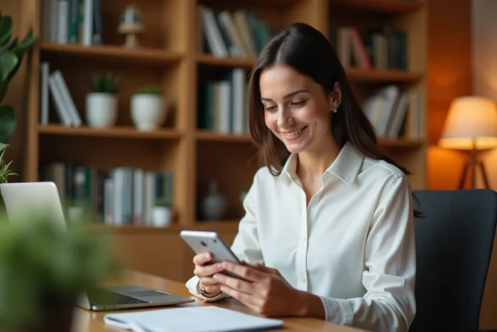 Jeune professionnelle réservant un rendez-vous en ligne via une application sur smartphone dans un bureau à domicile