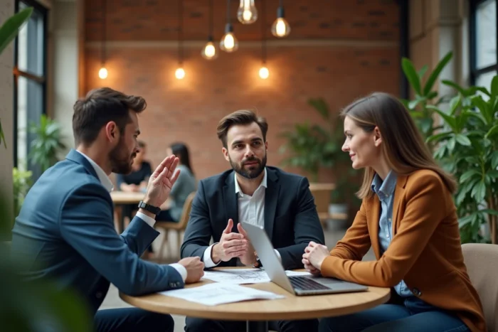 Trois professionnels en réunion informelle discutant de stratégies de communication dans un espace de coworking