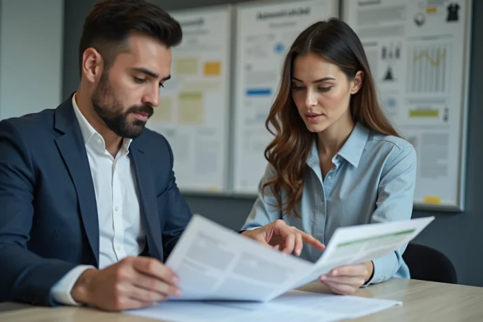 Deux entrepreneurs en réunion avec un conseiller pour obtenir des aides financières au lancement de leur activité