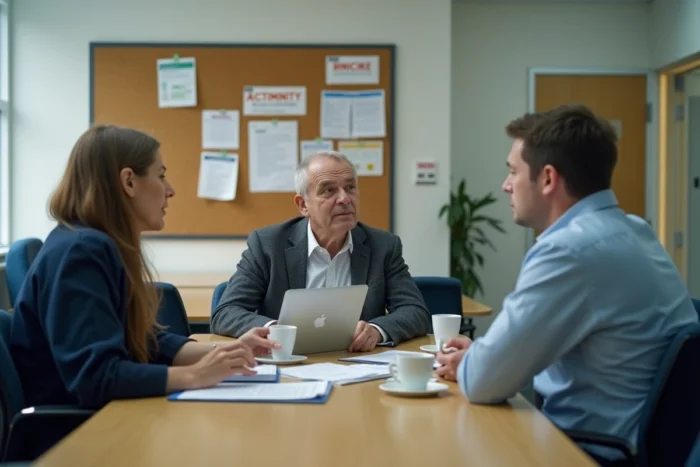 Réunion de professeurs en salle des maîtres discutant des perspectives et scénarios du pacte enseignant