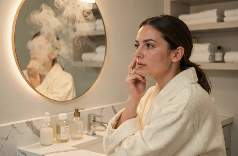 Femme appliquant un sérum sur son visage devant un miroir de salle de bain en marbre dans le cadre d'une routine beauté matinale