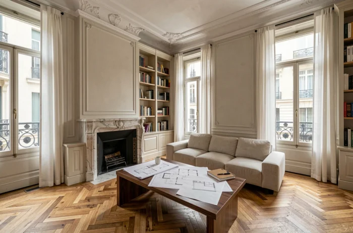 Salon d'appartement haussmannien modernisé avec parquet en chevrons, bibliothèques encastrées et plan d'architecte sur table basse