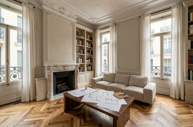 Salon d'appartement haussmannien modernisé avec parquet en chevrons, bibliothèques encastrées et plan d'architecte sur table basse