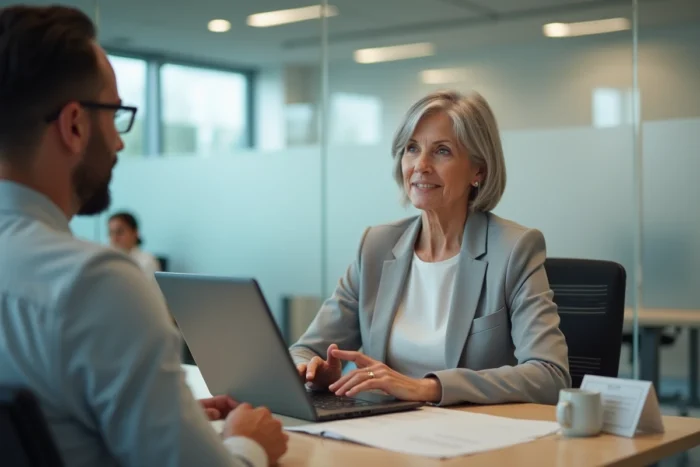 Femme senior en consultation avec un conseiller Pôle emploi pour comprendre ses droits à la dispense de recherche d'emploi