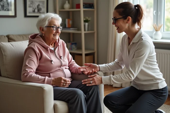 Kinésithérapeute aidant une femme âgée à pratiquer des exercices de mobilité à domicile, illustrant l'importance de l'activité physique adaptée pour améliorer la qualité de vie des seniors