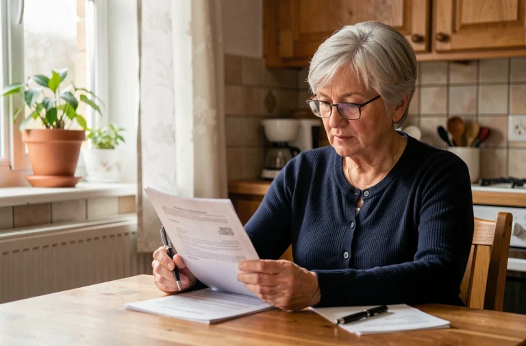 Femme senior avec lunettes de lecture examinant des documents de mutuelle santé à la table de sa cuisine
