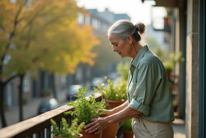 Femme senior épanouie entretenant des plantes aromatiques sur un balcon ensoleillé, illustrant une activité quotidienne bénéfique pour la qualité de vie des personnes âgées
